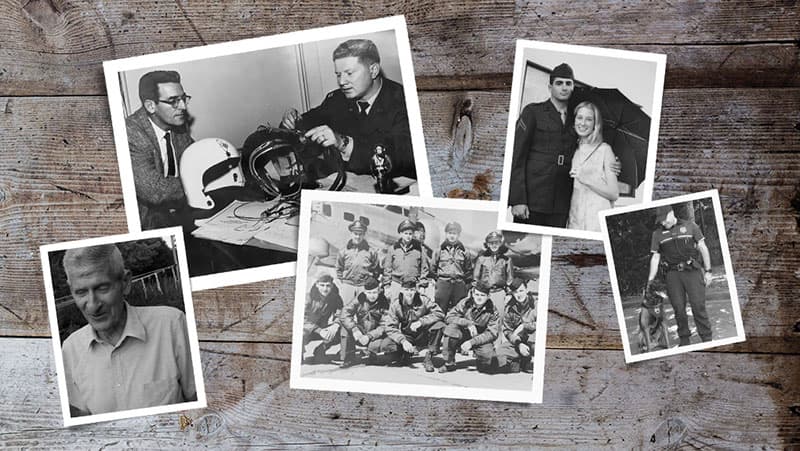 Black and white images on a wooden table of men and women who represent Modern Icon